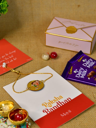 Sowpeace Exquisite Bhai Behen Rakhi Pack of 1 with Roli Chawal Thali, Chocolates, and Greeting card combo for Raksha Bandhan and Gifting