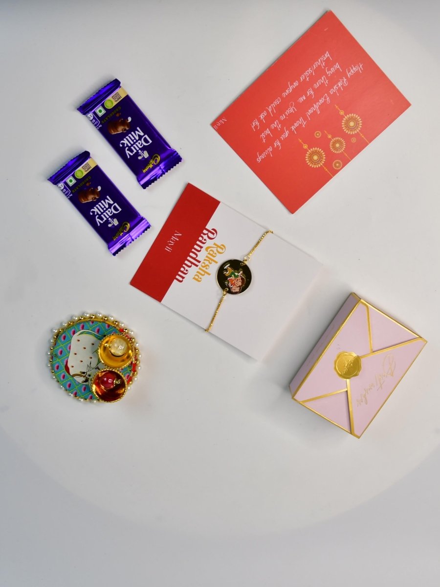 Sowpeace Exquisite Bhai Behen Rakhi Pack of 1 with Roli Chawal Thali, Chocolates, and Greeting card combo for Raksha Bandhan and Gifting