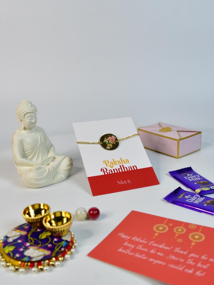 Sowpeace Exquisite Bhai Behen Rakhi Pack of 1 with Roli Chawal Thali, Chocolates, Buddha and Greeting card combo for Raksha Bandhan and Gifting