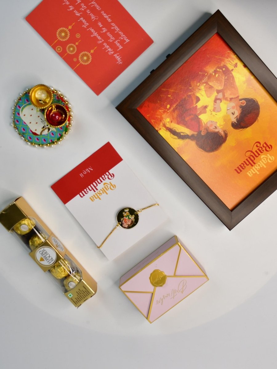 Sowpeace Exquisite Bhai Behen Rakhi Pack of 1 with Roli Chawal Thali, Chocolates, Photo Frame and Greeting card combo for Raksha Bandhan and Gifting - Rakhi - Sowpeace - Default Title - RAK - BB - HND - P6 - Sowpeace