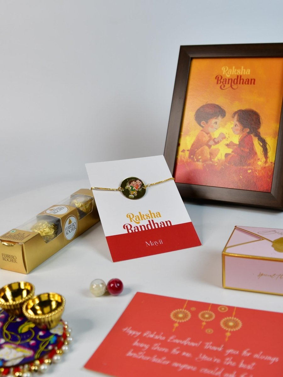 Sowpeace Exquisite Bhai Behen Rakhi Pack of 1 with Roli Chawal Thali, Chocolates, Photo Frame and Greeting card combo for Raksha Bandhan and Gifting - Rakhi - Sowpeace - Default Title - RAK - BB - HND - P6 - Sowpeace