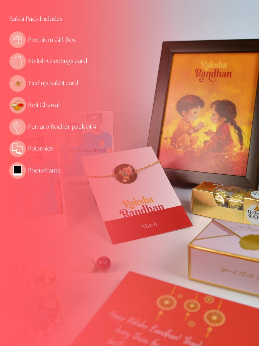 Sowpeace Exquisite Bhai Behen Rakhi Pack of 1 with Roli Chawal Thali, Chocolates, Photo Frame, Poloroids and Greeting card combo for Raksha Bandhan and Gifting