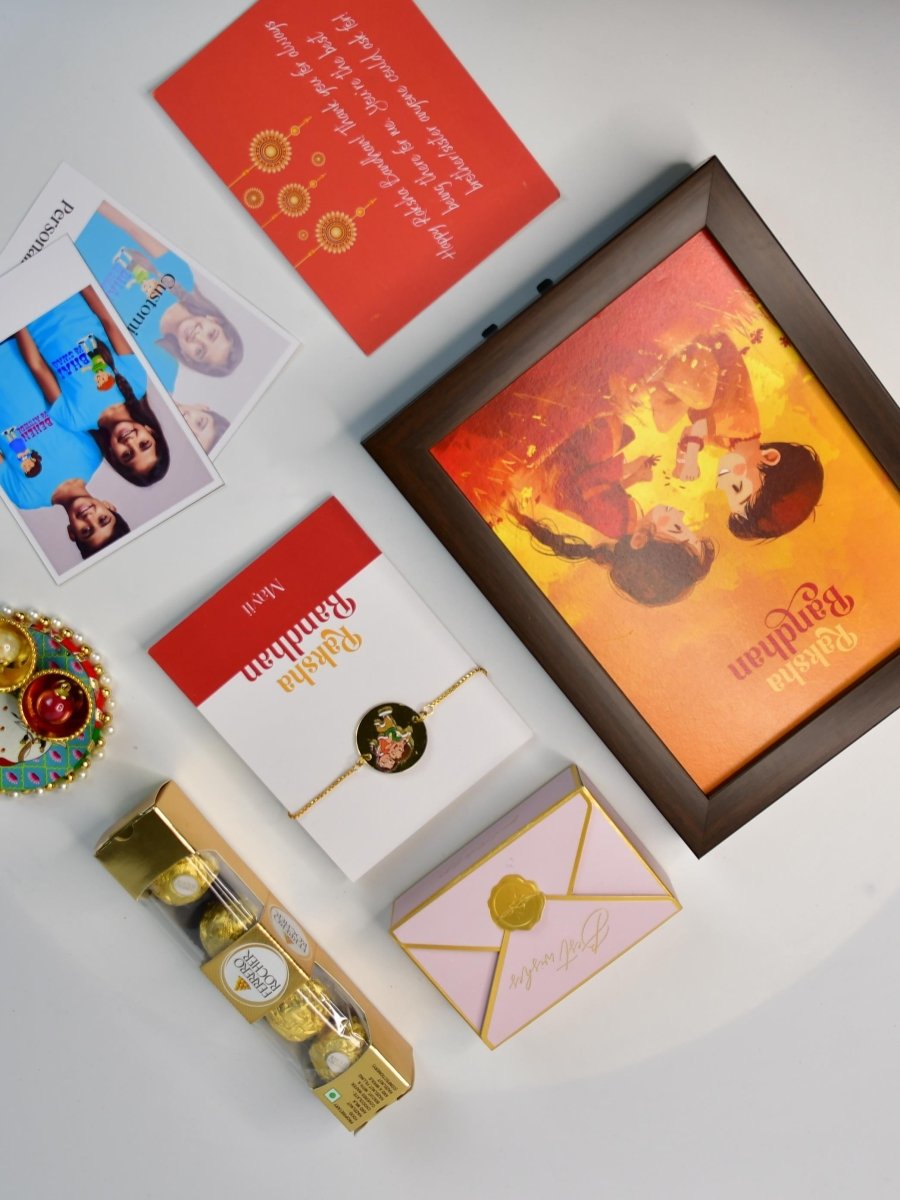 Sowpeace Exquisite Bhai Behen Rakhi Pack of 1 with Roli Chawal Thali, Chocolates, Photo Frame, Poloroids and Greeting card combo for Raksha Bandhan and Gifting