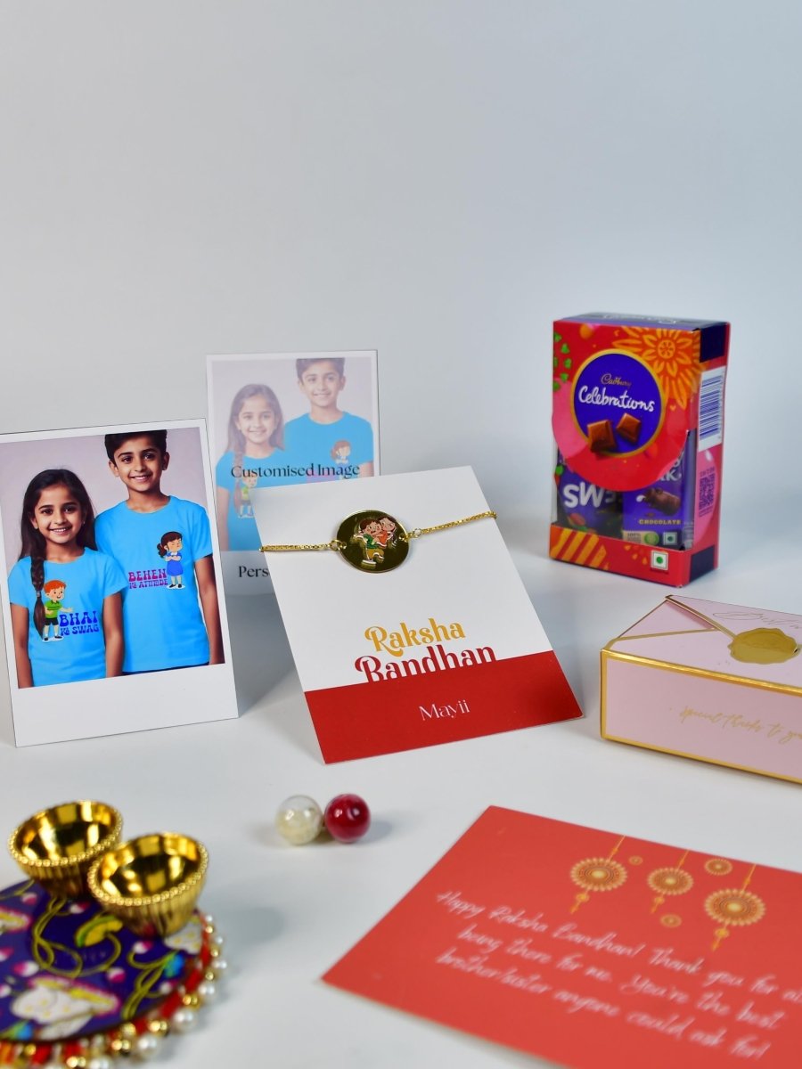 Sowpeace Exquisite Bhai Behen Rakhi Pack of 1 with Roli Chawal Thali, Chocolates, Poloroids and Greeting card combo for Raksha Bandhan and Gifting - Rakhi - Sowpeace - Default Title - RAK - BB - HND - P5 - Sowpeace