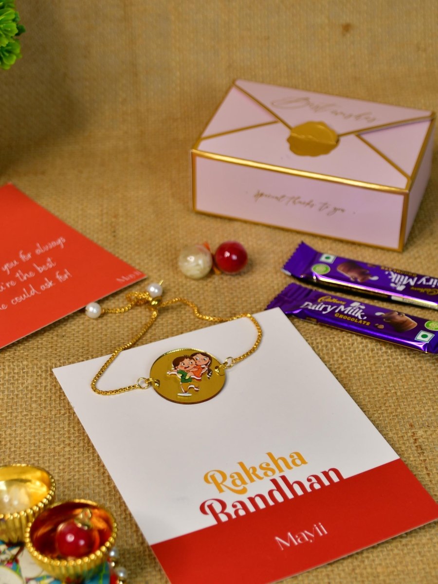 Sowpeace Exquisite Bhai Behen Rakhi Pack of 1 with Roli Chawal Thali, two Chocolates, and Greeting card combo for Raksha Bandhan and Gifting