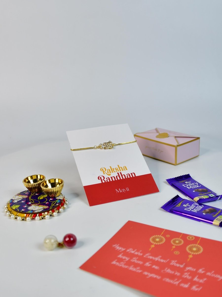 Sowpeace Exquisite BHAI Rakhi Pack of 1 with Roli Chawal Thali, Chocolates, and Greeting card combo for Raksha Bandhan and Gifting