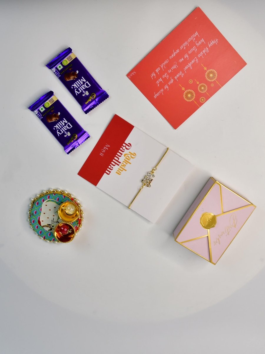 Sowpeace Exquisite BHAI Rakhi Pack of 1 with Roli Chawal Thali, Chocolates, and Greeting card combo for Raksha Bandhan and Gifting