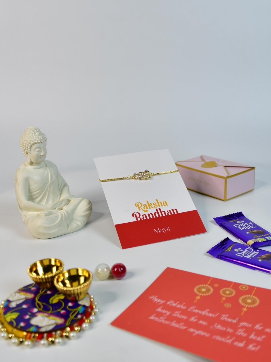 Sowpeace Exquisite BHAI Rakhi Pack of 1 with Roli Chawal Thali, Chocolates, Buddha and Greeting card combo for Raksha Bandhan and Gifting - Rakhi - Sowpeace - Default Title - RAK - BHAI - HND - P4 - Sowpeace