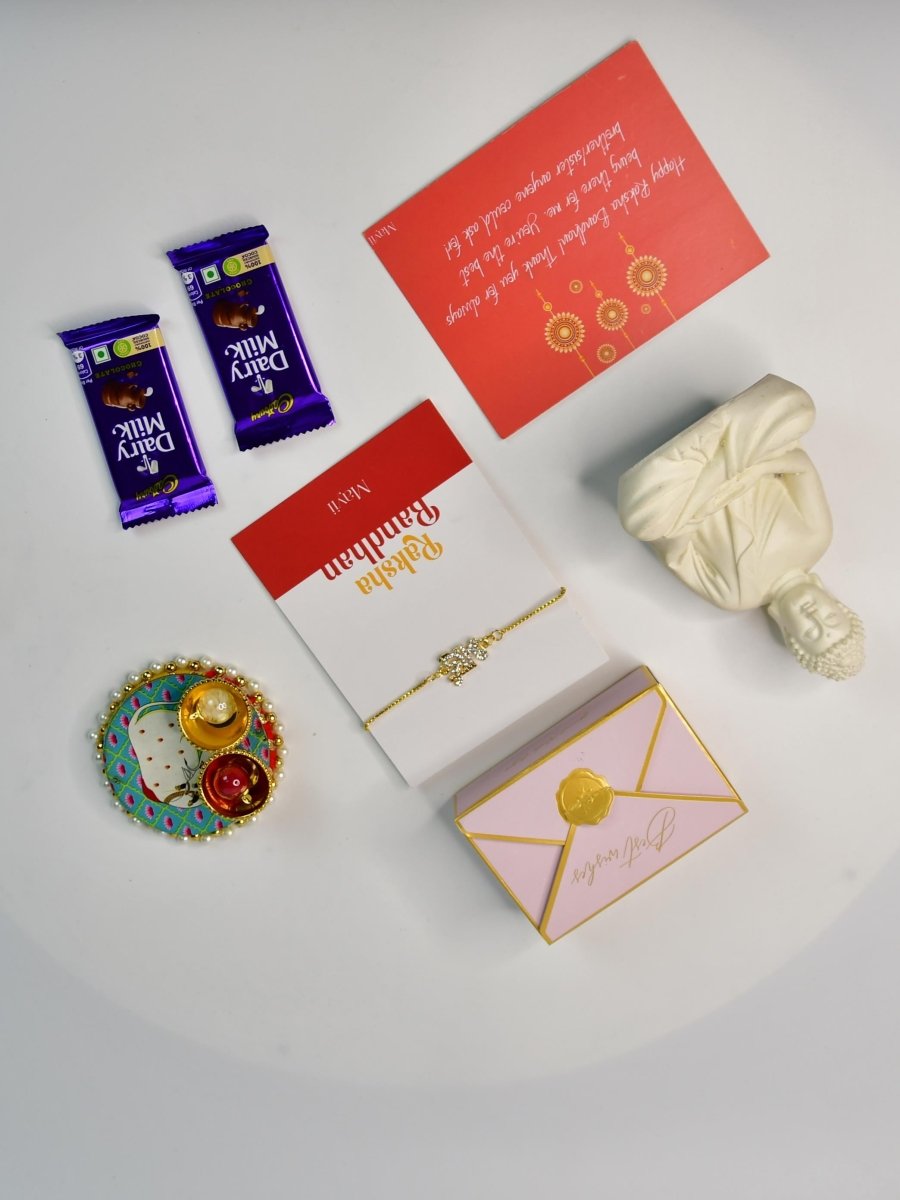 Sowpeace Exquisite BHAI Rakhi Pack of 1 with Roli Chawal Thali, Chocolates, Buddha and Greeting card combo for Raksha Bandhan and Gifting - Rakhi - Sowpeace - Default Title - RAK - BHAI - HND - P4 - Sowpeace