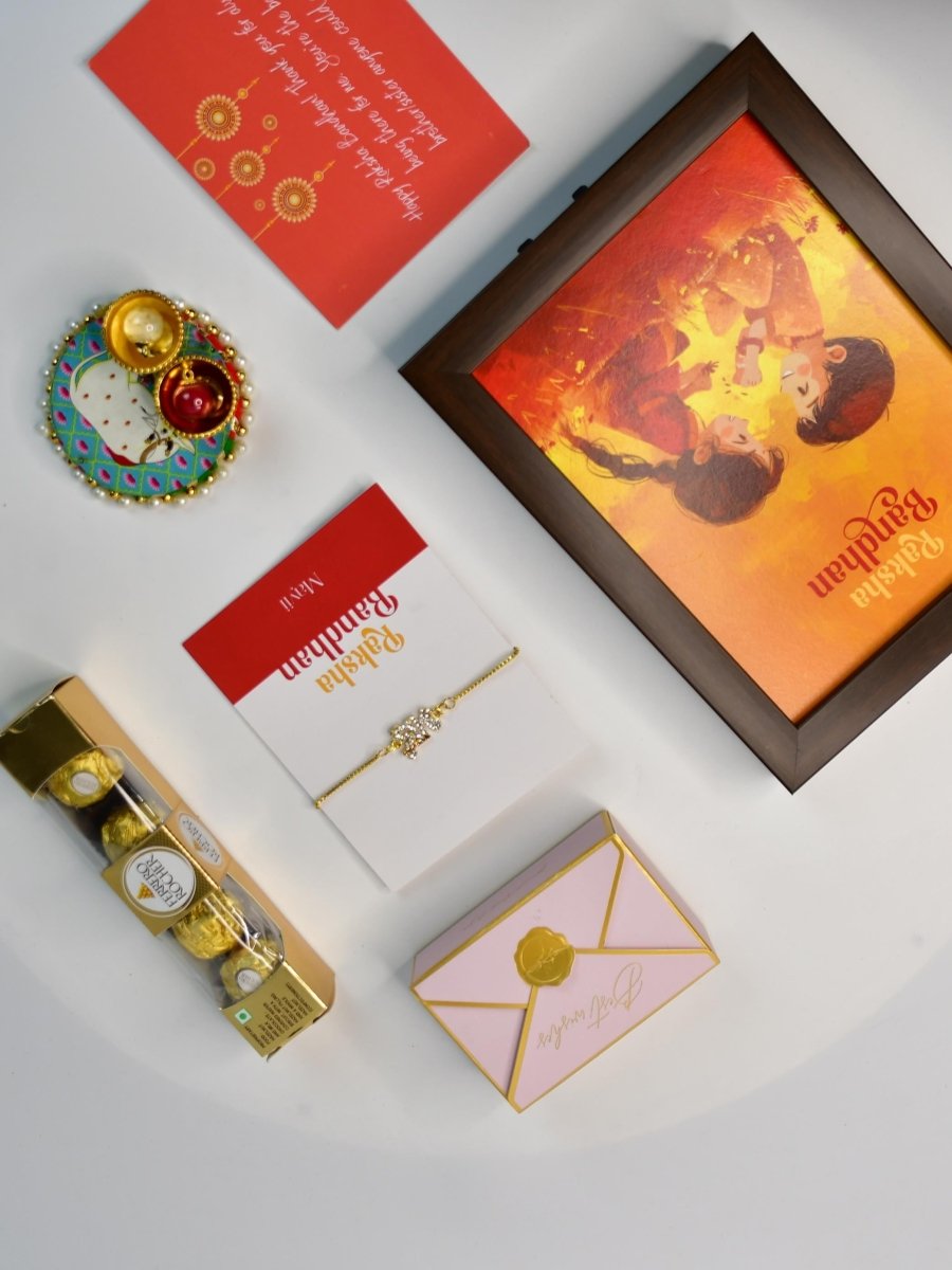 Sowpeace Exquisite BHAI Rakhi Pack of 1 with Roli Chawal Thali, Chocolates, Photo Frame and Greeting card combo for Raksha Bandhan and Gifting - Rakhi - Sowpeace - Default Title - RAK - BHAI - HND - P6 - Sowpeace