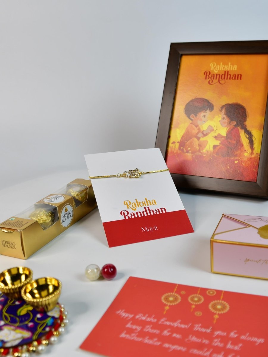 Sowpeace Exquisite BHAI Rakhi Pack of 1 with Roli Chawal Thali, Chocolates, Photo Frame and Greeting card combo for Raksha Bandhan and Gifting