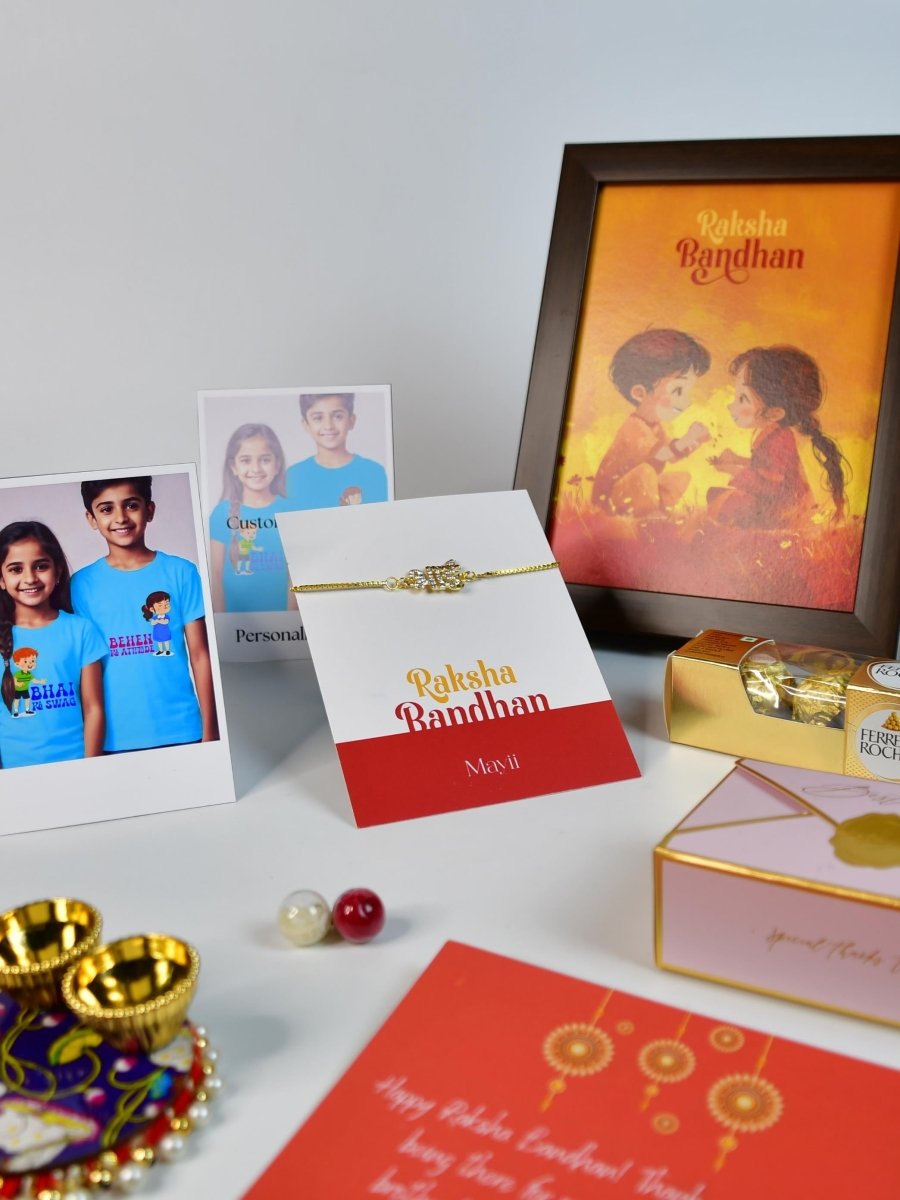 Sowpeace Exquisite BHAI Rakhi Pack of 1 with Roli Chawal Thali, Chocolates, Photo Frame, Poloroids and Greeting card combo for Raksha Bandhan and Gifting