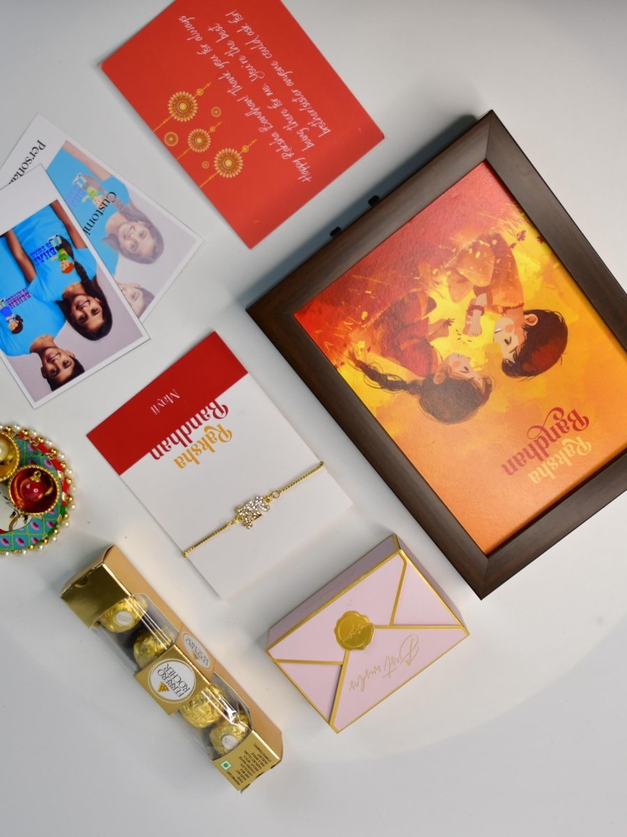 Sowpeace Exquisite BHAI Rakhi Pack of 1 with Roli Chawal Thali, Chocolates, Photo Frame, Poloroids and Greeting card combo for Raksha Bandhan and Gifting