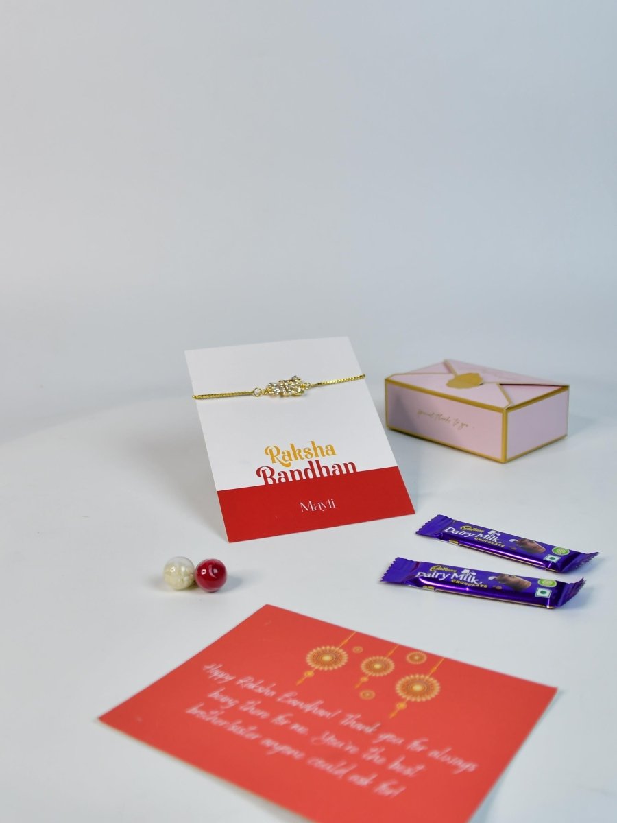 Sowpeace Exquisite BHAI Rakhi Pack of 1 with Roli Chawal Thali, two Chocolates, and Greeting card combo for Raksha Bandhan and Gifting - Rakhi - Sowpeace - Default Title - RAK - BHAI - HND - P2 - Sowpeace