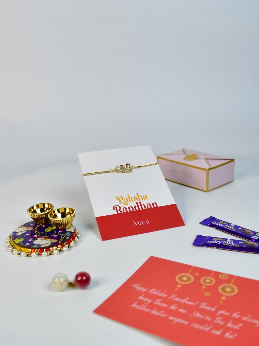 Sowpeace Exquisite BHAI Rakhi Pack of 1 with Roli Chawal Thali, two Chocolates, and Greeting card combo for Raksha Bandhan and Gifting - Rakhi - Sowpeace - Default Title - RAK - BHAI - HND - P2 - Sowpeace