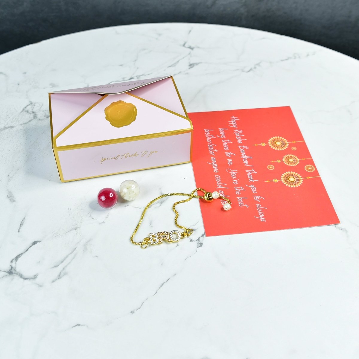 Sowpeace Exquisite BRO Rakhi Pack of 1 with Roli Chawal and Greeting card combo for Raksha Bandhan and Gifting