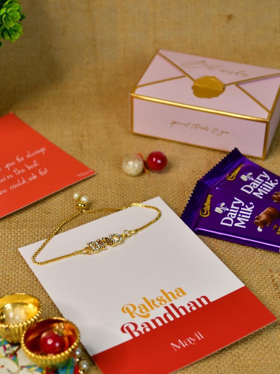 Sowpeace Exquisite BRO Rakhi Pack of 1 with Roli Chawal Thali, Chocolates, and Greeting card combo for Raksha Bandhan and Gifting - Rakhi - Sowpeace - Default Title - RAK - BRO - HND - P3 - Sowpeace