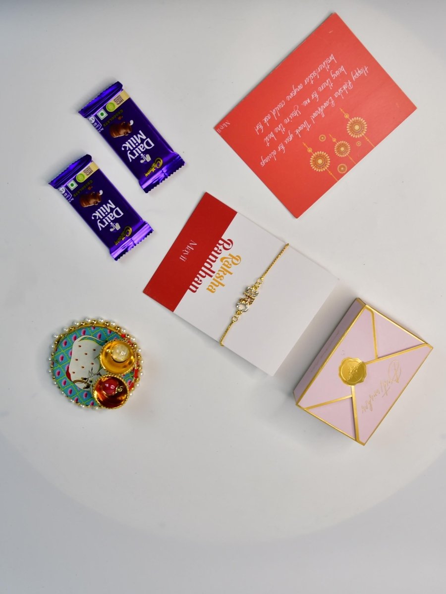 Sowpeace Exquisite BRO Rakhi Pack of 1 with Roli Chawal Thali, Chocolates, and Greeting card combo for Raksha Bandhan and Gifting - Rakhi - Sowpeace - Default Title - RAK - BRO - HND - P3 - Sowpeace