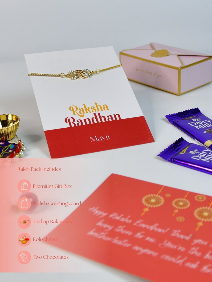 Sowpeace Exquisite BRO Rakhi Pack of 1 with Roli Chawal Thali, Chocolates, and Greeting card combo for Raksha Bandhan and Gifting