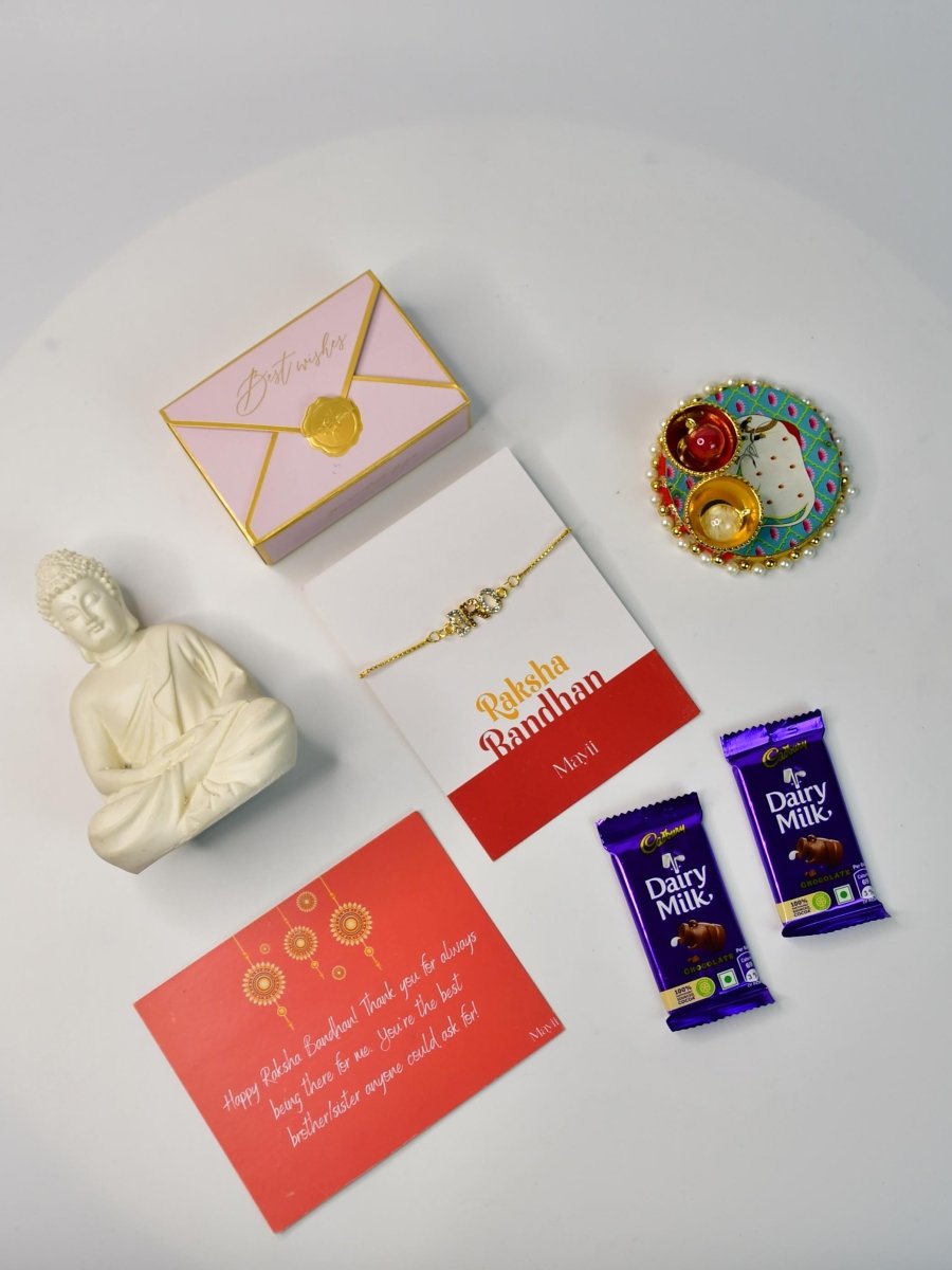 Sowpeace Exquisite BRO Rakhi Pack of 1 with Roli Chawal Thali, Chocolates, Buddha and Greeting card combo for Raksha Bandhan and Gifting