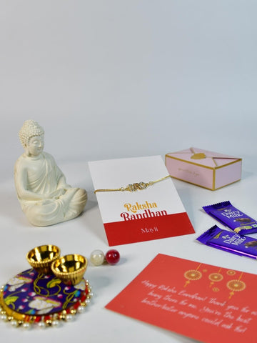 Sowpeace Exquisite BRO Rakhi Pack of 1 with Roli Chawal Thali, Chocolates, Buddha and Greeting card combo for Raksha Bandhan and Gifting - Rakhi - Sowpeace - Default Title - RAK - BRO - HND - P4 - Sowpeace