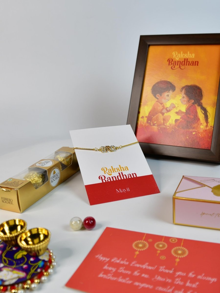 Sowpeace Exquisite BRO Rakhi Pack of 1 with Roli Chawal Thali, Chocolates, Photo Frame and Greeting card combo for Raksha Bandhan and Gifting