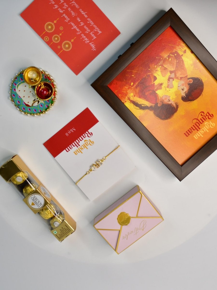 Sowpeace Exquisite BRO Rakhi Pack of 1 with Roli Chawal Thali, Chocolates, Photo Frame and Greeting card combo for Raksha Bandhan and Gifting