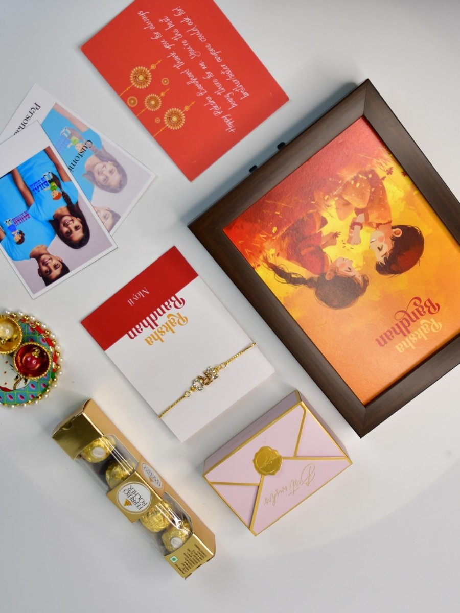 Sowpeace Exquisite BRO Rakhi Pack of 1 with Roli Chawal Thali, Chocolates, Photo Frame, Poloroids and Greeting card combo for Raksha Bandhan and Gifting - Rakhi - Sowpeace - Default Title - RAK - BRO - HND - P7 - Sowpeace