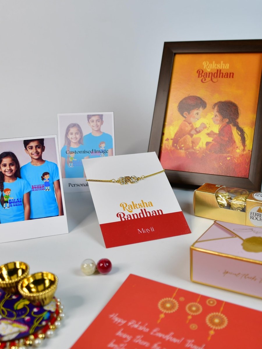 Sowpeace Exquisite BRO Rakhi Pack of 1 with Roli Chawal Thali, Chocolates, Photo Frame, Poloroids and Greeting card combo for Raksha Bandhan and Gifting