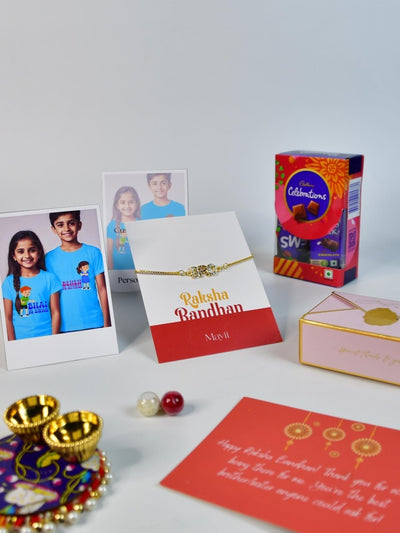 Sowpeace Exquisite BRO Rakhi Pack of 1 with Roli Chawal Thali, Chocolates, Poloroids and Greeting card combo for Raksha Bandhan and Gifting