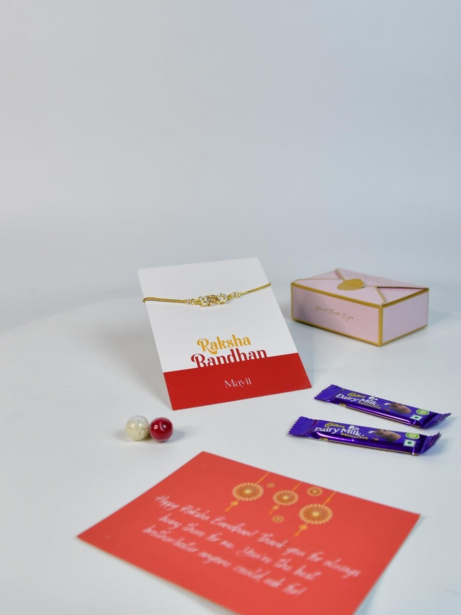 Sowpeace Exquisite BRO Rakhi Pack of 1 with Roli Chawal Thali, two Chocolates, and Greeting card combo for Raksha Bandhan and Gifting