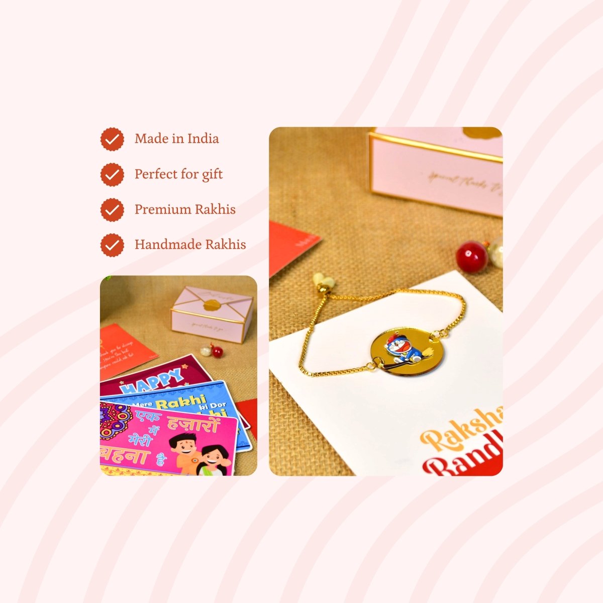 Sowpeace Exquisite Doraemon Rakhi Pack of 1 with Roli Chawal and Greeting card combo for Raksha Bandhan and Gifting - Sowpeace - 