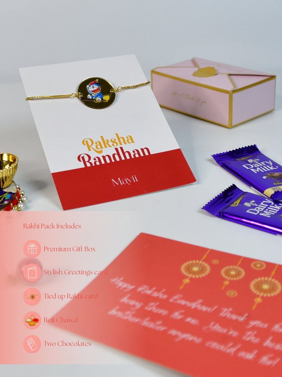 Sowpeace Exquisite Doraemon Rakhi Pack of 1 with Roli Chawal Thali, Chocolates, and Greeting card combo for Raksha Bandhan and Gifting