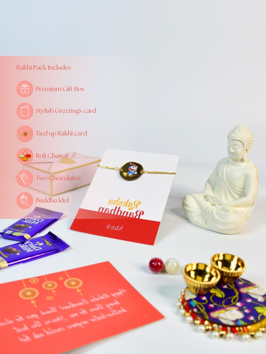 Sowpeace Exquisite Doraemon Rakhi Pack of 1 with Roli Chawal Thali, Chocolates, Buddha and Greeting card combo for Raksha Bandhan and Gifting