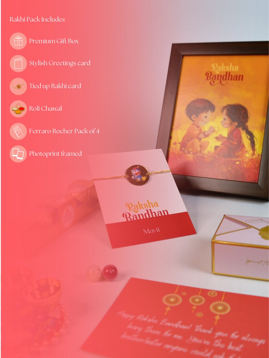 Sowpeace Exquisite Doraemon Rakhi Pack of 1 with Roli Chawal Thali, Chocolates, Photo Frame and Greeting card combo for Raksha Bandhan and Gifting