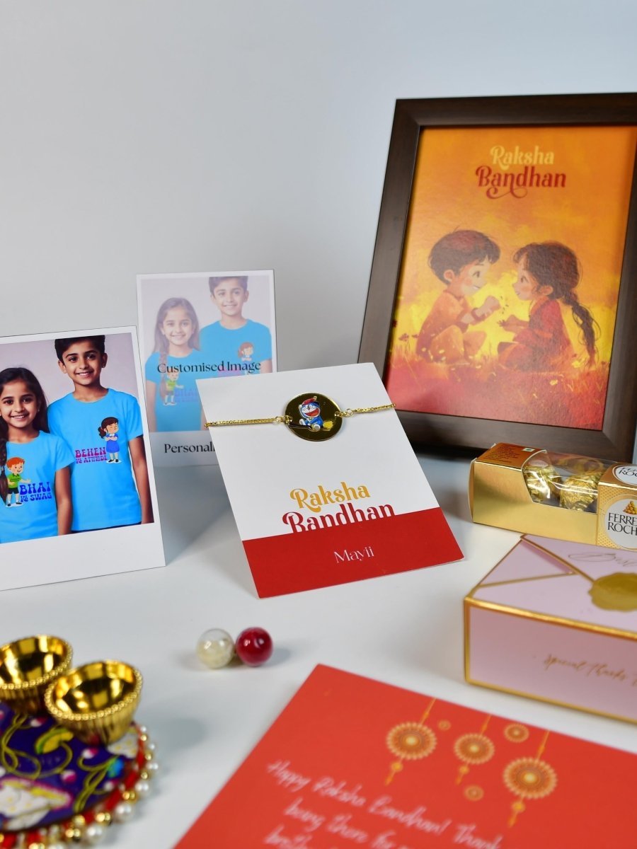 Sowpeace Exquisite Doraemon Rakhi Pack of 1 with Roli Chawal Thali, Chocolates, Photo Frame, Poloroids and Greeting card combo for Raksha Bandhan and Gifting