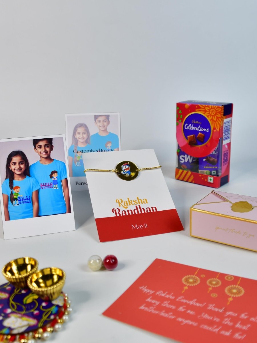 Sowpeace Exquisite Doraemon Rakhi Pack of 1 with Roli Chawal Thali, Chocolates, Poloroids and Greeting card combo for Raksha Bandhan and Gifting - Rakhi - Sowpeace - Default Title - RAK - DORA - HND - P5 - Sowpeace