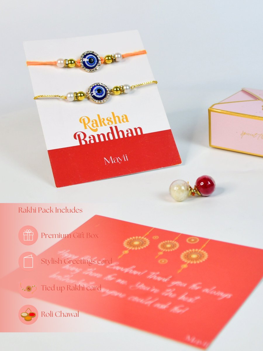 Sowpeace Exquisite Evil Eye Rakhi Pack of 1 with Roli Chawal and Greeting card combo for Raksha Bandhan and Gifting - Rakhi - Sowpeace - Sowpeace Exquisite Evil Eye Rakhi Pack of 1 with Roli Chawal and Greeting card combo for Raksha Bandhan and Gifting - RAK - EVI - HND - P1 - Sowpeace