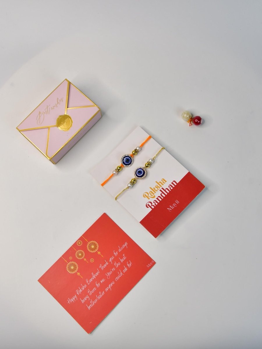 Sowpeace Exquisite Evil Eye Rakhi Pack of 1 with Roli Chawal and Greeting card combo for Raksha Bandhan and Gifting - Rakhi - Sowpeace - Sowpeace Exquisite Evil Eye Rakhi Pack of 1 with Roli Chawal and Greeting card combo for Raksha Bandhan and Gifting - RAK - EVI - HND - P1 - Sowpeace