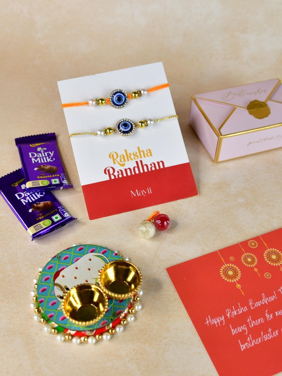 Sowpeace Exquisite Evil Eye Rakhi Pack of 1 with Roli Chawal Thali, Chocolates, and Greeting card combo for Raksha Bandhan and Gifting - Rakhi - Sowpeace - Default Title - RAK - EVI - HND - P3 - Sowpeace