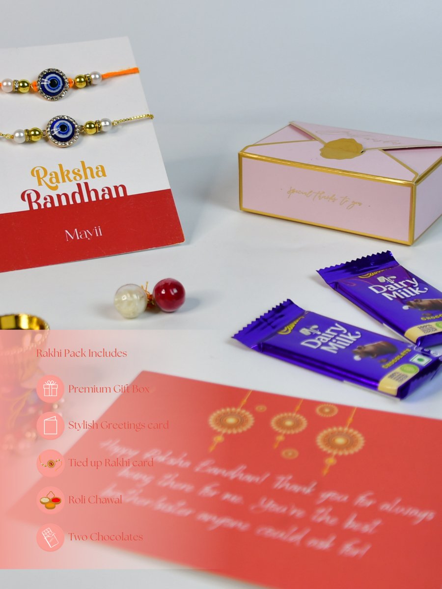 Sowpeace Exquisite Evil Eye Rakhi Pack of 1 with Roli Chawal Thali, Chocolates, and Greeting card combo for Raksha Bandhan and Gifting