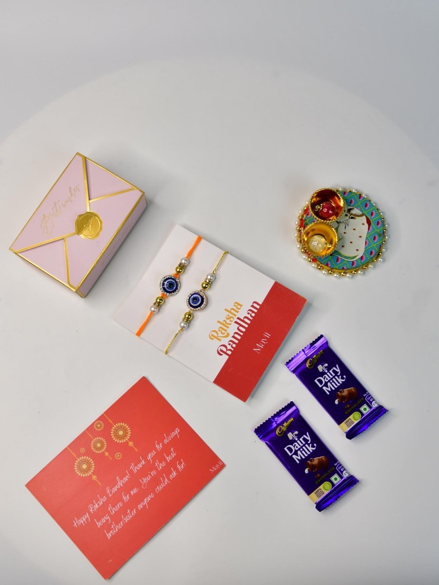 Sowpeace Exquisite Evil Eye Rakhi Pack of 1 with Roli Chawal Thali, Chocolates, and Greeting card combo for Raksha Bandhan and Gifting