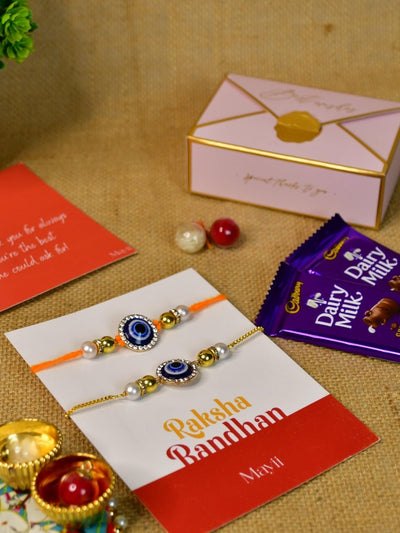 Sowpeace Exquisite Evil Eye Rakhi Pack of 1 with Roli Chawal Thali, Chocolates, and Greeting card combo for Raksha Bandhan and Gifting