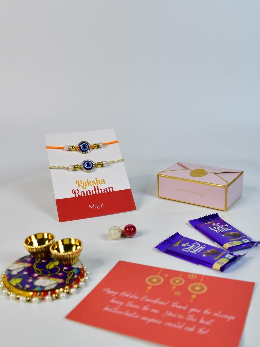 Sowpeace Exquisite Evil Eye Rakhi Pack of 1 with Roli Chawal Thali, Chocolates, and Greeting card combo for Raksha Bandhan and Gifting