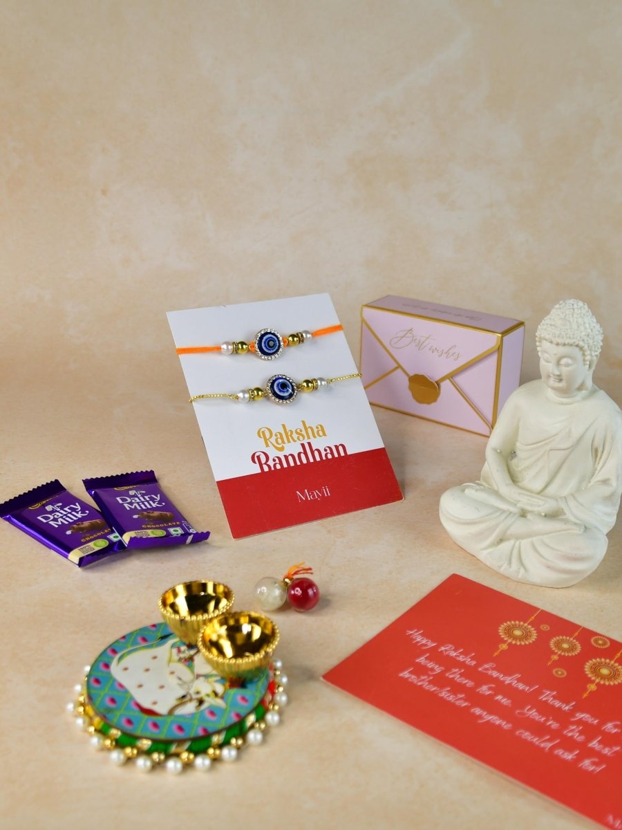 Sowpeace Exquisite Evil Eye Rakhi Pack of 1 with Roli Chawal Thali, Chocolates, Buddha and Greeting card combo for Raksha Bandhan and Gifting - Rakhi - Sowpeace - Default Title - RAK - EVI - HND - P4 - Sowpeace