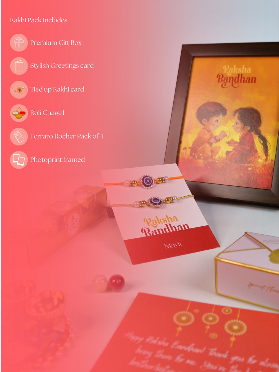 Sowpeace Exquisite Evil Eye Rakhi Pack of 1 with Roli Chawal Thali, Chocolates, Photo Frame and Greeting card combo for Raksha Bandhan and Gifting