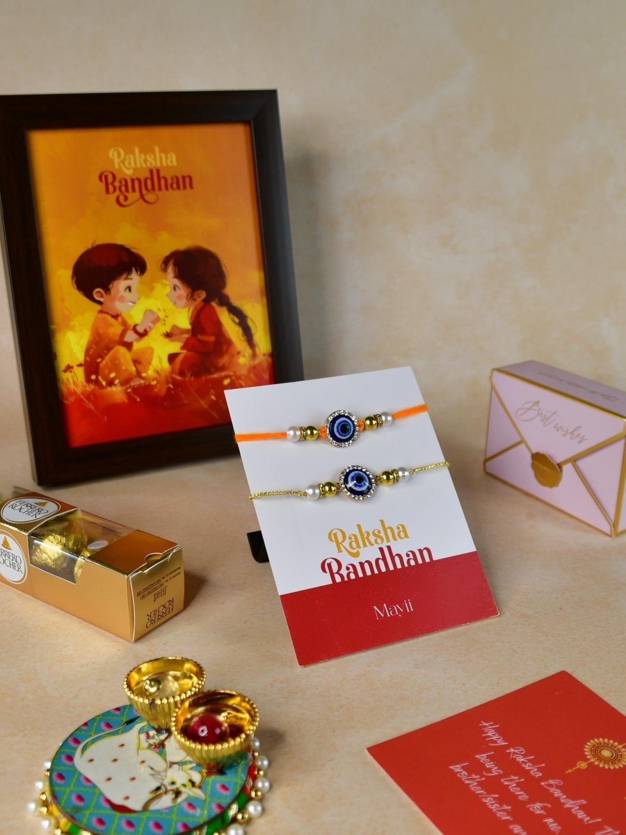 Sowpeace Exquisite Evil Eye Rakhi Pack of 1 with Roli Chawal Thali, Chocolates, Photo Frame and Greeting card combo for Raksha Bandhan and Gifting