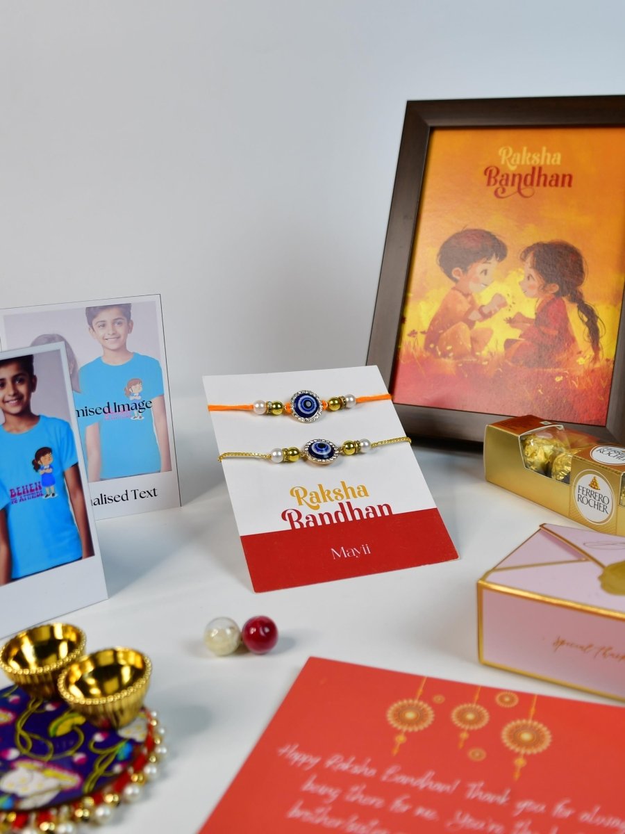 Sowpeace Exquisite Evil Eye Rakhi Pack of 1 with Roli Chawal Thali, Chocolates, Photo Frame, Poloroids and Greeting card combo for Raksha Bandhan and Gifting - Rakhi - Sowpeace - Default Title - RAK - EVI - HND - P7 - Sowpeace