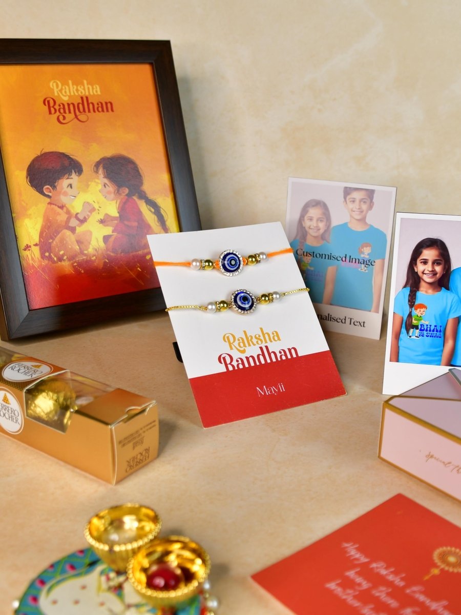 Sowpeace Exquisite Evil Eye Rakhi Pack of 1 with Roli Chawal Thali, Chocolates, Photo Frame, Poloroids and Greeting card combo for Raksha Bandhan and Gifting