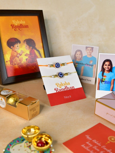 Sowpeace Exquisite Evil Eye Rakhi Pack of 1 with Roli Chawal Thali, Chocolates, Photo Frame, Poloroids and Greeting card combo for Raksha Bandhan and Gifting